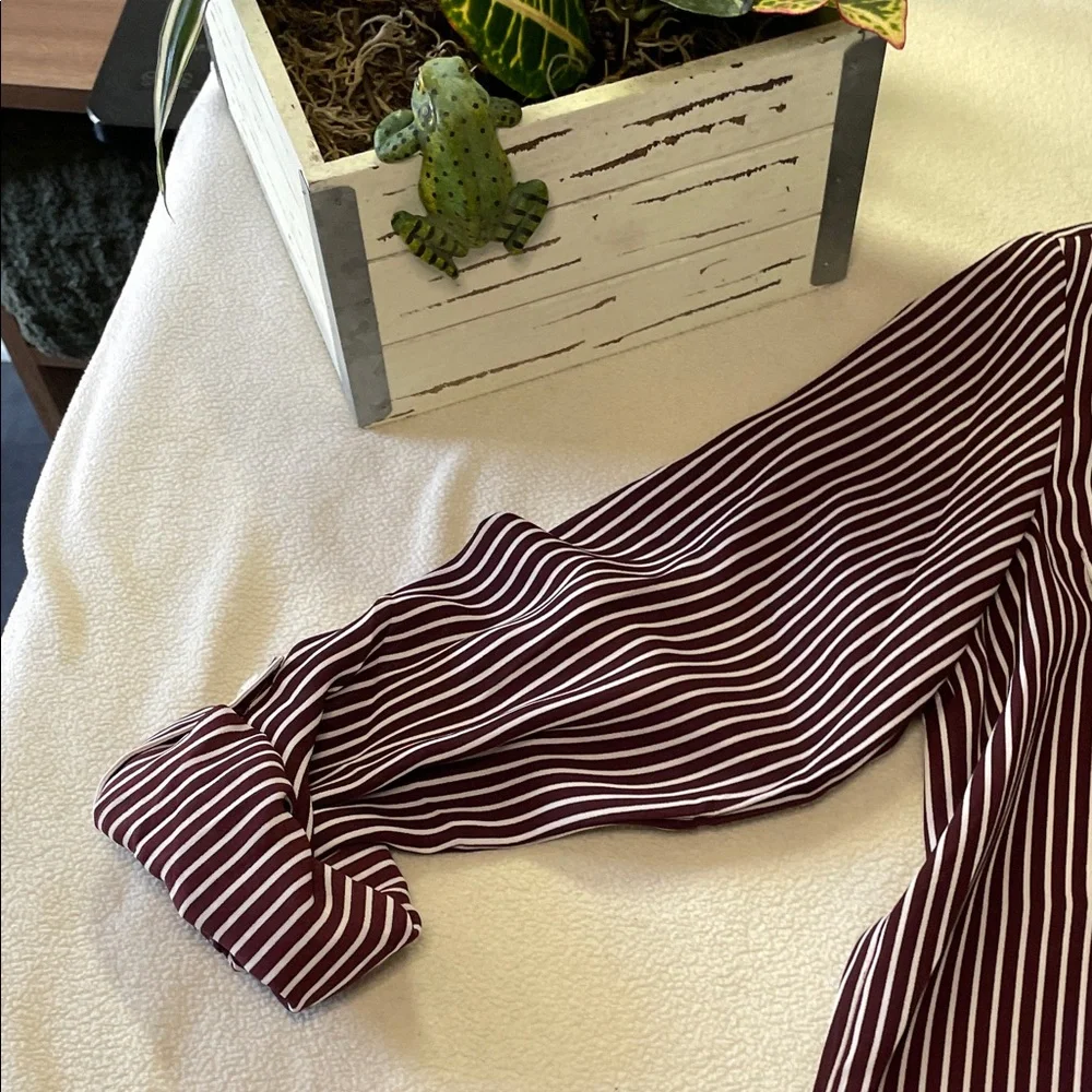 035-Ann Taylor Factory Burgundy and White Striped Blouse - Picture 9 of 9